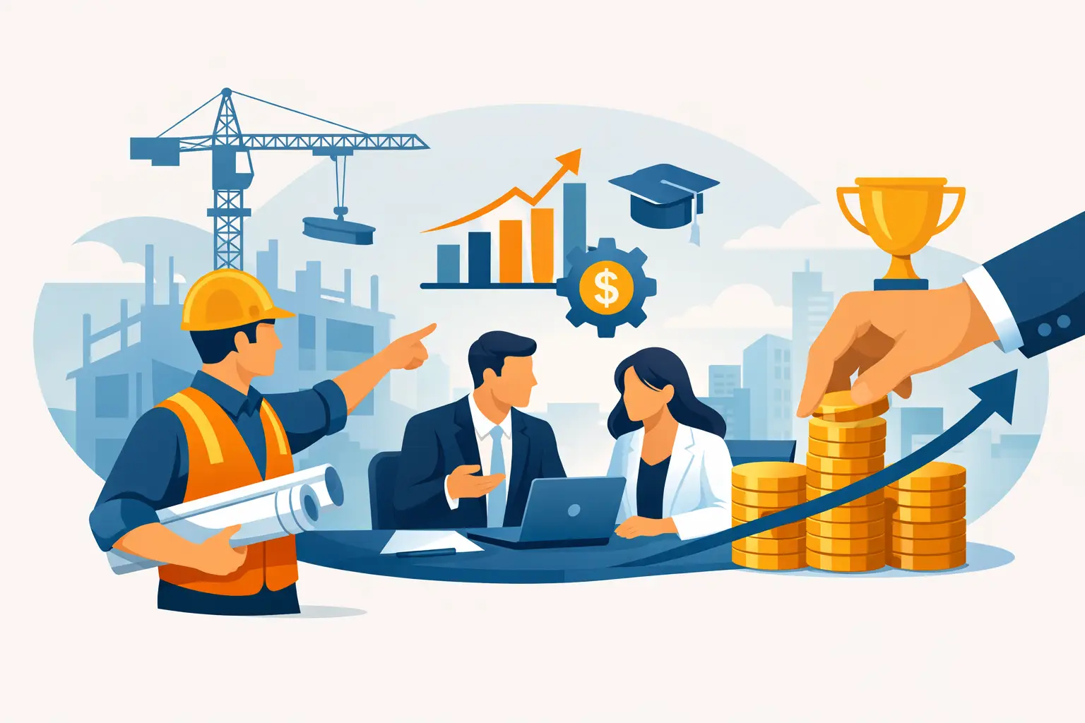 Construction business training illustration with contractor, business team, growth chart, dollar icon, trophy, and profit success symbols
