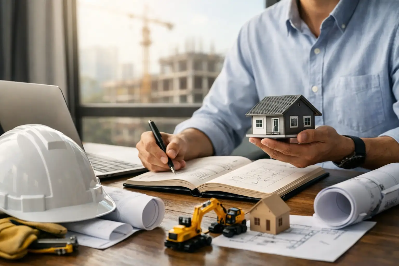 Construction business owner planning projects with house model, blueprints, hard hat, laptop, and notebook