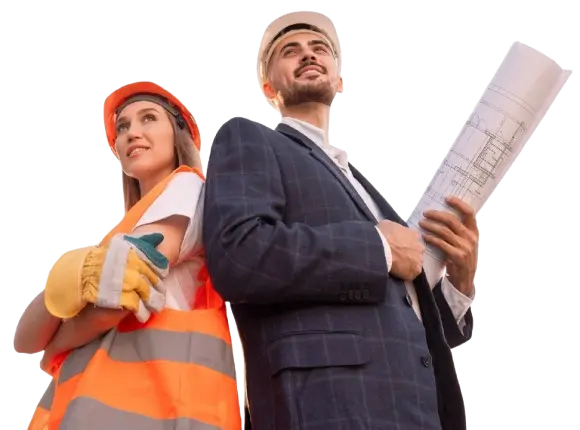 Construction professionals wearing safety helmets and holding building plans