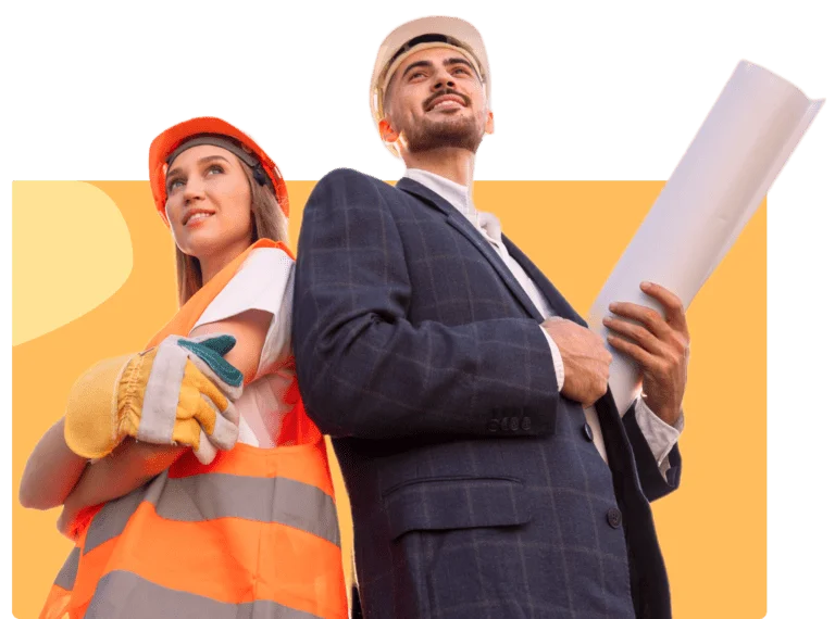 Construction professionals wearing hard hats and holding blueprints for contractor business coaching and project planning