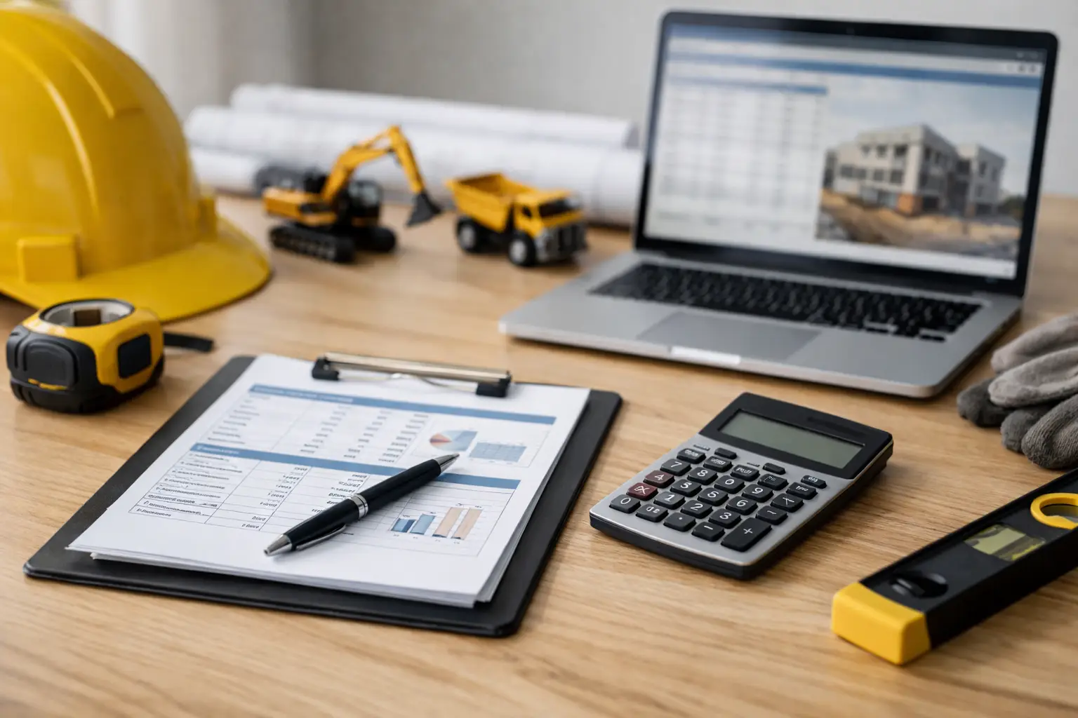 Construction estimating and project cost management with hard hat, calculator, laptop, measuring tape, and financial report