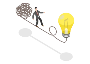Business problem solving illustration showing a person moving from confusion to a clear idea and growth strategy
