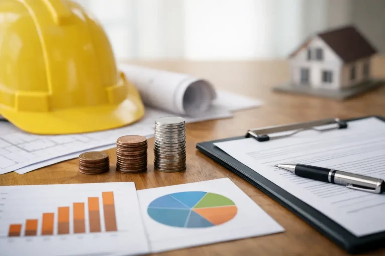 Construction business financial planning with hard hat, coins, charts, contract documents, and project plans