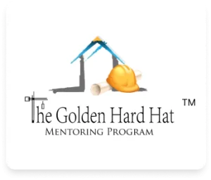 The Golden Hard Hat Mentoring Program logo with construction tools, hard hat, and blueprint-style roof icon