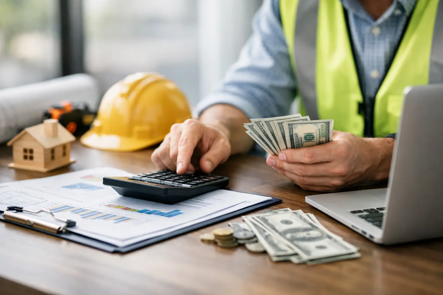 Contractor cash flow management image with calculator, money, hard hat, laptop, and financial reports