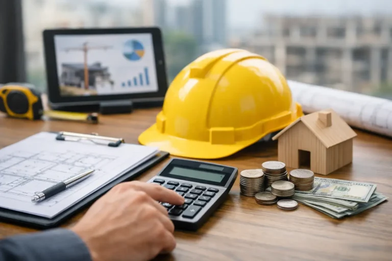 Construction job pricing and estimating tools with calculator, hard hat, and financial charts