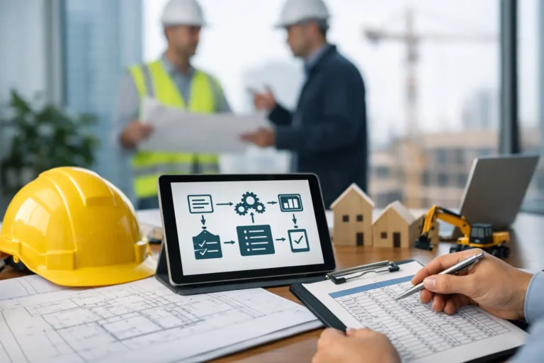 Construction business workflow management with hard hat, tablet, blueprints, checklist, and project planning documents,