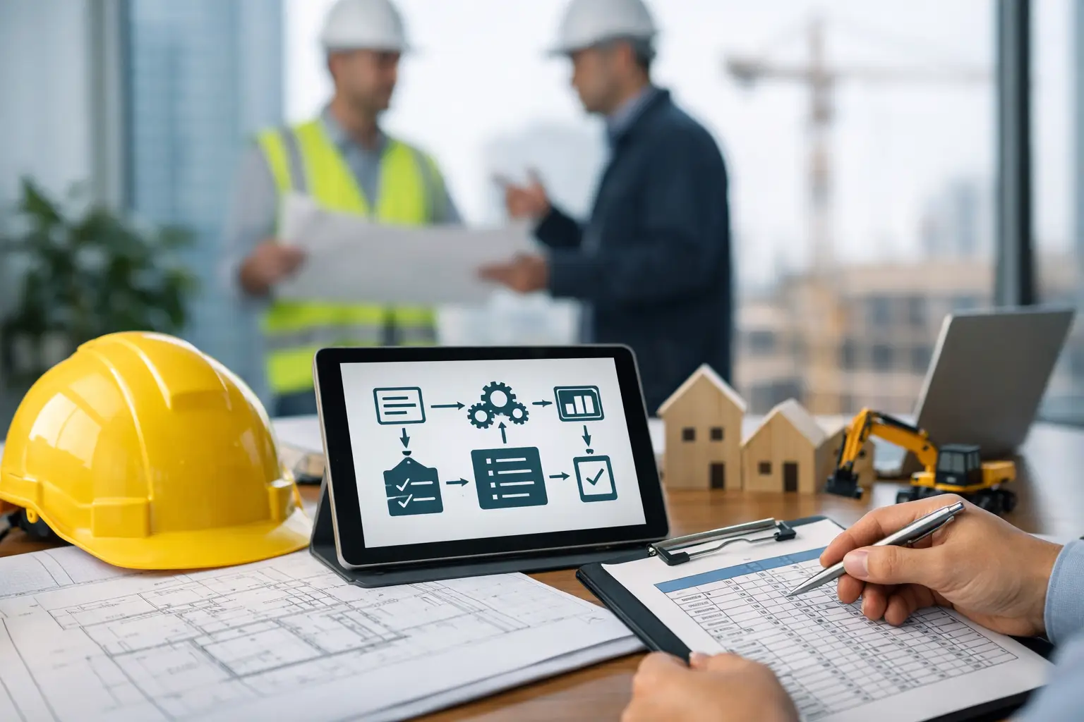 Construction business workflow management with hard hat, tablet, blueprints, checklist, and project planning documents,