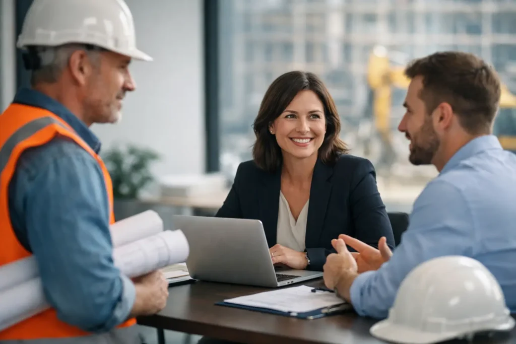 Construction business consultation meeting between contractors and business professionals